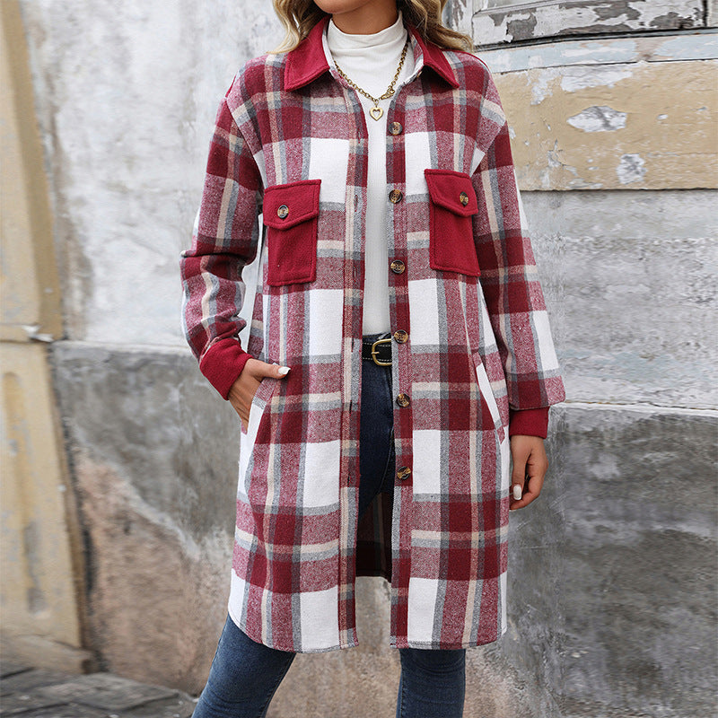 New Brushed Plaid Long Coat With Pockets Fashion Winter Jacket Outwear Women's Clothing