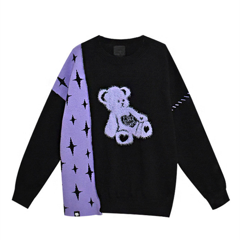 Fashion Purple Jacquard Bear Sweater Girl