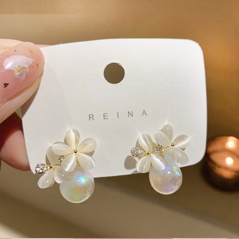 Retro Mermaid Cymophanite Flower Stud Earrings