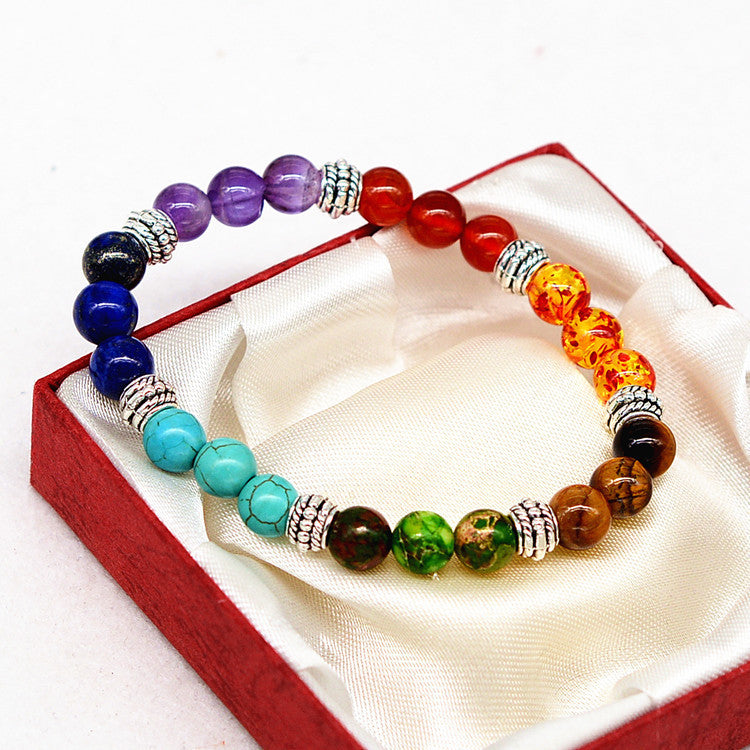 Reiki Ancient Silver Natural Stone Agate Tiger Colorful Crystal Yoga Bracelet