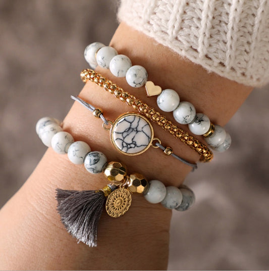 Four-piece Geometric Creative Hollow Fringed Pine Stone Bracelet