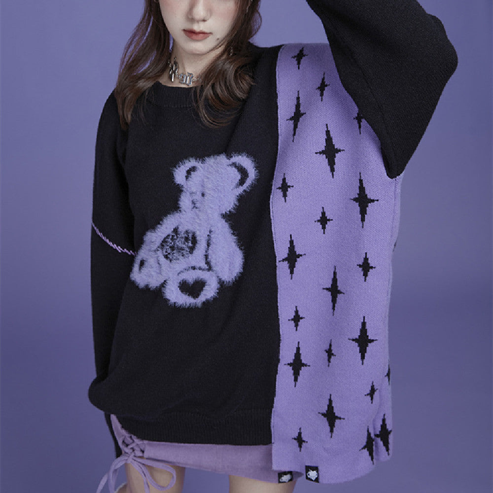 Fashion Purple Jacquard Bear Sweater Girl