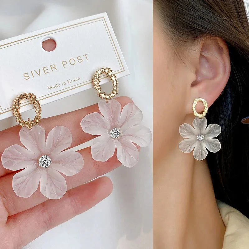 Translucent White Flower Hanging Earrings