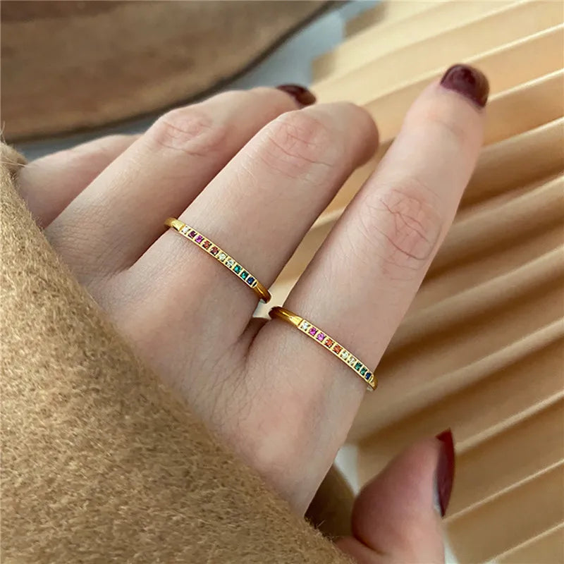 Stainless Steel Rainbow Color Cubic Zircon Rings