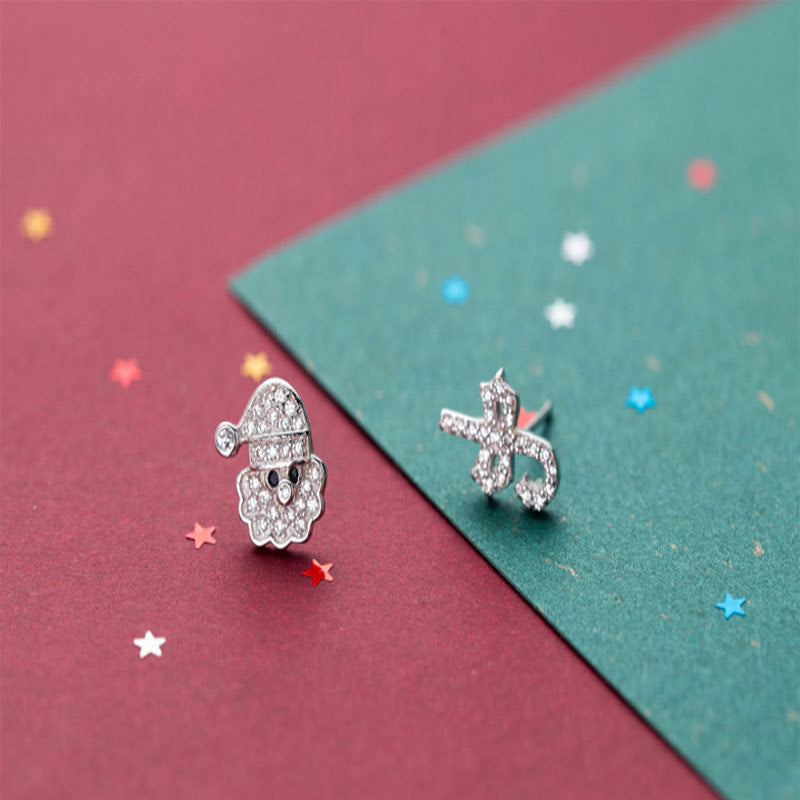 Asymmetric Diamond-embedded Santa Stud Earrings