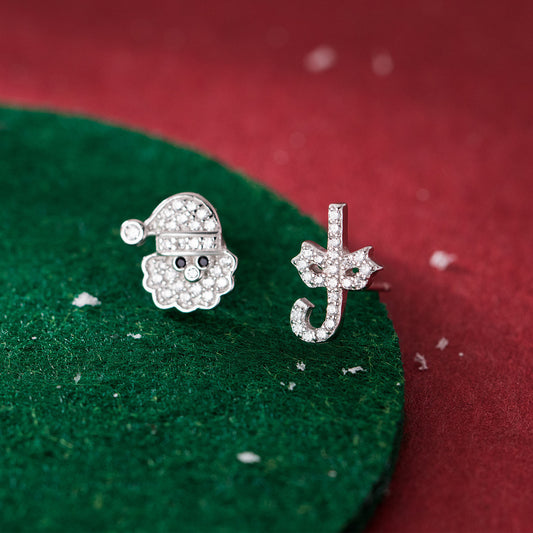 Asymmetric Diamond-embedded Santa Stud Earrings